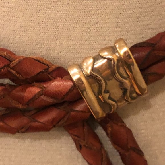 Vintage leather woven belt with brass accents. (BO7) main image 6